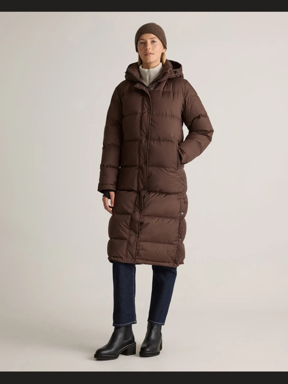 Quince Still in bag - Brown Quilted Puffer Coat with Hood -  Long Winter Jacket